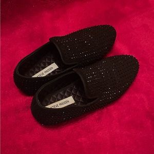 Steve Madden Caviarr Slip-On, black rhinestones cover sleek black suede loafer.